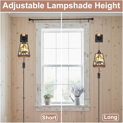 Wall Sconce Plug in,Bear Matte Metal Rustic Sconces,1 Pack Farmhouse Yellow Parchment Paper Shades Wall Lamp Plug in with Wood Arm,E26 Base Indoor Light for Bedside,Living Room,Bedroom,Hallway - color: Bear-Yellow