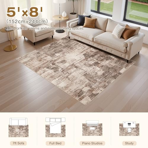 kakania Abstract 5x8 Area Rugs for Living Room: Washable Rugs Brown | Soft, Non-Slip, Low-Pile, Pet & Kid Friendly - Modern Home Decor Carpet for Bedroom/Dining Room/Office/Nursery - color: Brown, size: 5' x 8' (Rectangular)