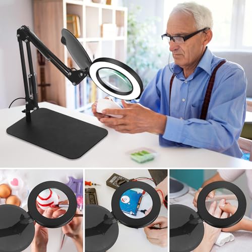 Magnifying Glass with Light, EOOKU 3-in-1 Magnifying Desk Lamp 5X LED Magnifying Lamp with Heavy Base & Clamp, 5 Color Modes Stepless Dimmable, Magnifier Light for Soldering Craft Workbench