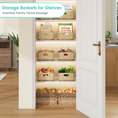 Pantry Wicker Storage Baskets for Shelves, 4 Pack Small Woven Baskets for Storage, Handmade Pantry Organizers and Storage, Boho Decor Water Hyacinth Pantry Organization - Natural