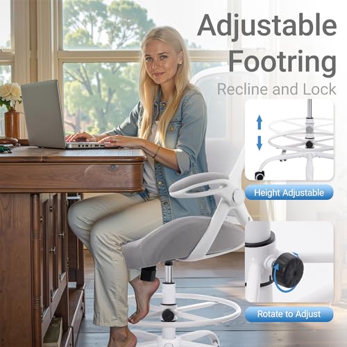 400lbs Heavy Duty Drafting Chair 5" Thickened Seat Office Chair with Flip-Up Armrests Tall Ergonomic Computer Chair with Lumbar Support and Adjustable Footrest Ring Standing Desk Chair (Grey) - color: Grey