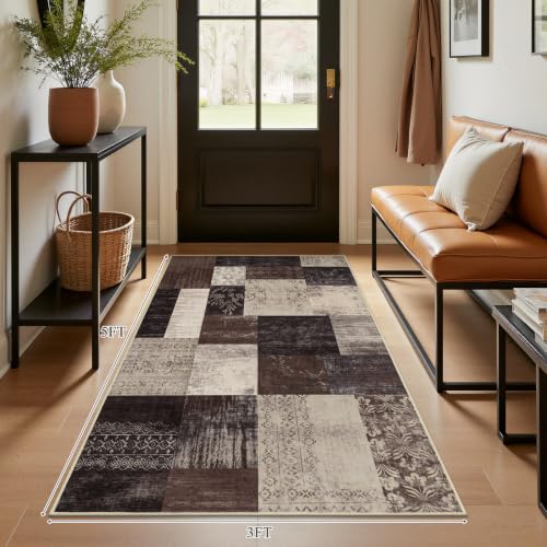 3x5 Entryway Rug, Washable Non Slip Area Rug for Bedroom, Soft Low Pile Modern Geometric Carpet Indoor for Kitchen Living Room Dining Room Nursery Office - color: Brown, size: 3' x 5' (Rectangular)