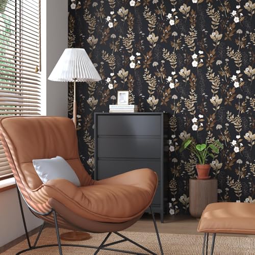 Vintage Dark Black Gold Floral Peel and Stick Wallpaper 17.4" x 394" | Renter Friendly, Removable & Waterproof, Vinyl Easy Install for Bedrooms, Bathrooms, Kitchens, Cabinets and Home Decor - color: Black, size: 17.4" x 394"
