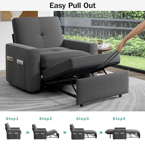Sunny Heart 40" W Oversized Sleeper Chair Bed, 3-in-1 Convertible Reclining Sofa Chair with Pull Out Couch Bed, Adjustable Backrest, Side Pockets, Cup Holder, USB Ports & Side Table, Basic Dark Grey - color: Dark Grey, size: 40 inch