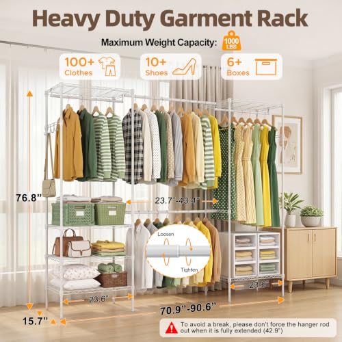 Expandable Clothes Rack, 15.7" D x (70.9"-90.6") W x 76.8" H, White | Freestanding Wire Garment Clothing Rack with 4 Hanging Rods, Max Load 1000lbs, Adjustable, Heavy Duty - color: White