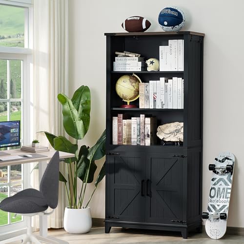 Joaxswe 70in Tall Bookshelf 5 Tier Bookcase with Barn Doors and Adjustable Shelves, Black Farmhouse Book Shelf with Storage Cabinet, Wood Freestanding Display Bookshelves for Bedroom, Kitchen (3PCS) - color: Black, size: 3 Piece
