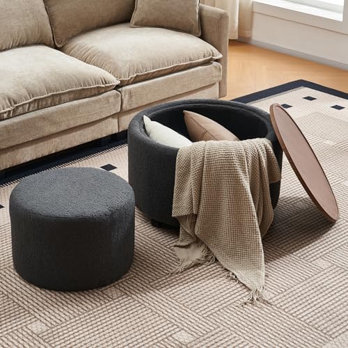 28 Inch Round Storage Ottoman with Wheels Set of 2, Multifunctional Coffee Table Ottoman with Removable Solid Wood Lid, Modern Circle Ottoman Foot Rest for Living Room, Bedroom, Dark Gray - color: Dark Gray