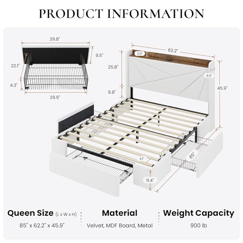 SHA CERLIN Queen Bed Frame, Storage Headboard with Drawers, Charging, White | Velvet Upholstered Bed, Modern Wingback Headboard, 3 Drawers, USB Charging Station, No Box Spring Needed, Easy Assembly - color: White, size: Queen