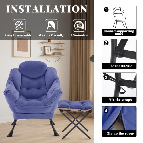 Lazy Chair with Ottoman, Comfy Reading Chair, Dark Blue | Cushioned Seat with Foldable Ottoman and Side Pocket, Lounge Chair for Bedroom, Living Room, Dorm and Small Spaces - color: Darkblue