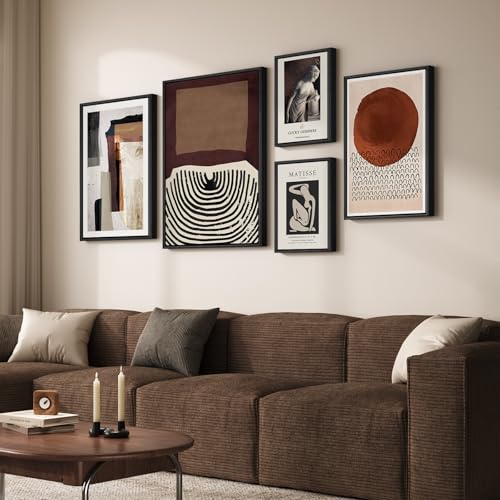 Large Framed Black and White Abstract Wall Art for Living Room, 5 Piece Neutral Canvas Prints Paintings Artwork for Walls, Mid Century Modern Pictures Wall Decor for Bedroom Dining Room Office - color: Neutral - 5Pcs