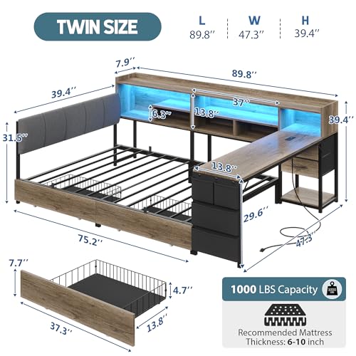 BYSAUD Corner Bed with Storage and Desk, Twin Bed Frames, Corner Bed Frame with 4 Drawers, 7 Bookcase, 1 Side Storage Bag, Upholstered Headboard, LED Lights, Charging Station, Oak Gray - color: Oak Gray, size: Twin Corner Bed