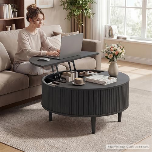 31.5" Round Coffee Table with Lifting Top, Storage for Living Room, Black | Fluted Center Table, Mid Century Modern Design for Home Office and Small Space with 4 Hidden Compartments - color: Black