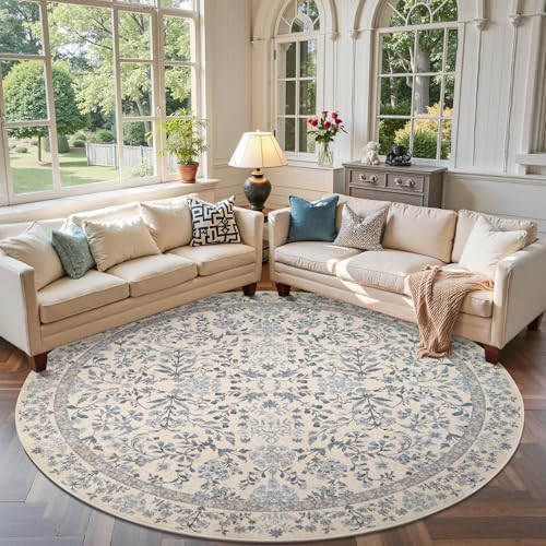 jinchan 8ft Washable Round Area Rug, Vintage Floral, Blue/Cream | Soft Non-Slip Low-Pile, Circle Carpet for Bedroom Dining Room Living Room Office Foyer Farmhouse - color: Blue/Cream, size: 8' (Round)