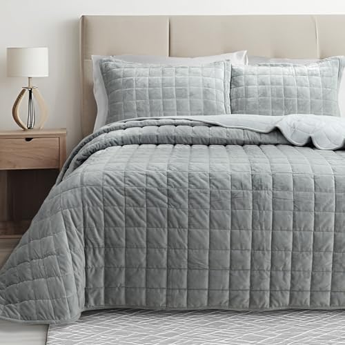 Velvet Quilt Queen Size, Luxury Soft Bedding Set, Lightweight Cozy Warm Quilted 3-Piece Velvet Coverlet Bedspread Set with 2 Pillow Shams for All Season Grey - color: Grey, size: Full/Queen(90"x98")
