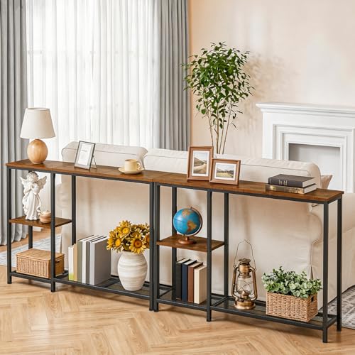 HOOBRO Narrow Console Table, Sofa Table, 44.9" Skinny Entryway Table, Long Behind Couch Table with Storage Shelves, for Living Room, Foyer, Hallway, Rustic Brown and Black BF86XG01 - color: Rustic Brown + Black