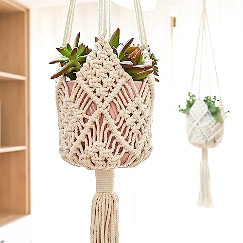 Hanging Planter with Patterns,4Packs Macrame Plant Hangers Indoor Macrame for up to 8 inch Pot Crochet Boho Plant Hanger Holder for Indoor Outdoor with 4 Stainless Steel Hooks (4Pcs White Colors) - color: 4pcs White Colors