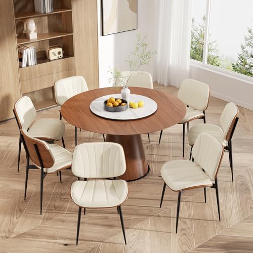 Dining Chairs Set of 6, Mid Century Modern Dining Room Chair, Upholstered Faux Leather Kitchen Chairs with Walnut Bentwood Back and Metal Legs for Kitchen Dining Room Living Room, Beige - color: Beige, size: Set of 6