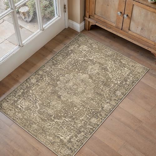 Entryway Area Rugs 2x3 Washable Rug Brown | Living Room Rug,Vintage Rug,Bedroom,Dining Room,Office,Farmhouse,Non-Shedding,Non Slip,Low Pile,Soft - color: Brown Ⅲ, size: 2' x 3' (Rectangular)