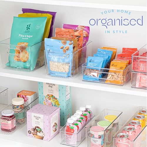 Plastic Food Storage 4 Pack Clear Container Bin with Handles for Organizing Kitchen, Pantry, Fridge, Freezer, Pantry,Bathroom. 10"x6"x5" - size: 10x6x5