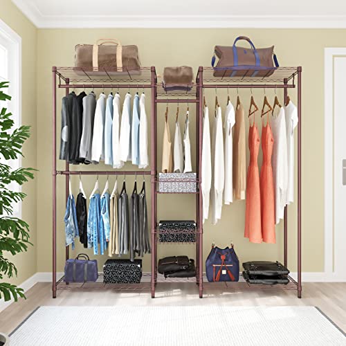 XIOFIO 6 Tiers Heavy Duty Garment Rack,Clothing Storage Organizer, Metal Clothing Rack,Clothing Rack with Hanging Rod,Adjustable Shelf and Fixed Baskets,60.7"L x 15.7"W x 70.5"H Max Load 720LBS,Bronze - color: Bronze