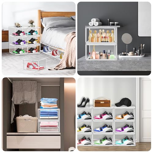 5 Pack Clear Plastic Shoe Boxes with Acrylic Magnetic Door, Size 12 | Stackable Shoe Storage Organizer for Closet, Fit Size 12 Everyday Casual Shoes, Sneakers