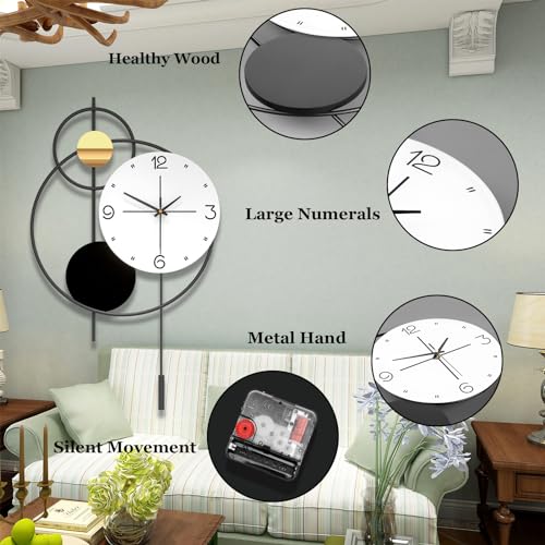 Large Modern Wall Clock for Living Room Decor 24 Inch Big Decorative Black Metal Wall Clock with Pendulum for Home Bedroom Kitchen Office Battery Operated Non Ticking Decoration Clocks Wall - style: Contemporary