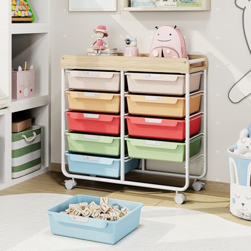 10 Drawer Rolling Storage Cart with Wood Top for Classroom Crafts Colorful | Easy Setup, Large Capacity, Sturdy Build, Lockable Mobility, For office, classroom and home supplies - color: Colorful