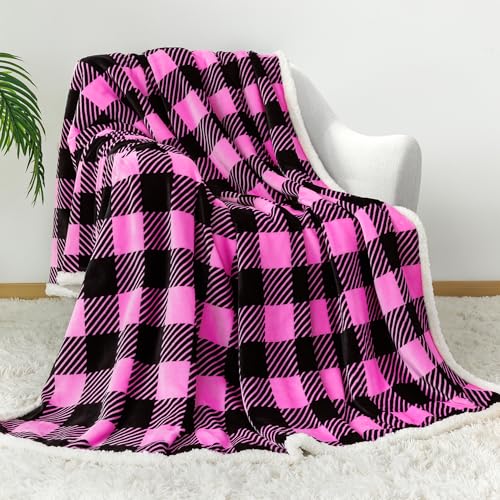 Sherpa Plaid Twin Blanket 60" X 70", Fuzzy Fluffy Soft Cozy Throw Blanket, Twin Size Plush Fleece Flannel Plush Microfiber Blanket for Couch Bed Sofa (Rosepink) - color: Rosepink