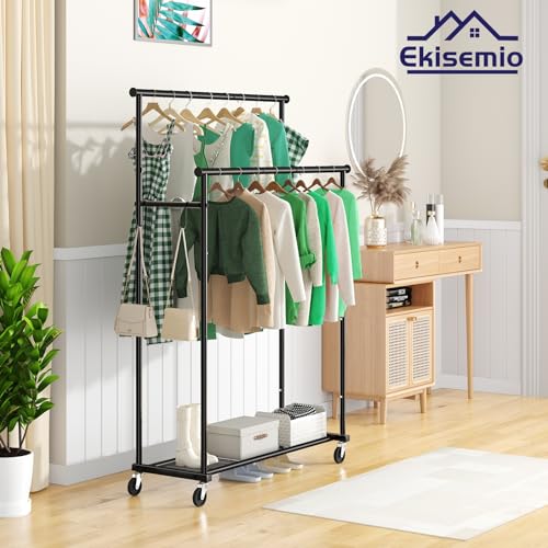 Ekisemio Double Rods Clothes Rack with Wheels Load 400 LBS, 45 Inch Rolling Clothing Rack for Hanging Clothes, Heavy Duty Garment Rack with Shelves, Metal Portable Closet, Black - style: Double Rod