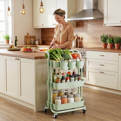 3 Tier Rolling Cart, Multifunctional Storage Cart with Table Top | Lockable Wheels, Heavy Duty Metal Frame Utility Cart for Kitchen, Bathroom, Office, Bedroom (Green) - color: Green