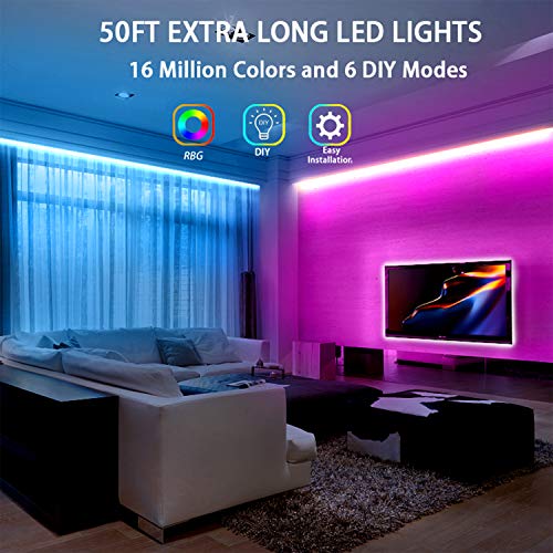 dalattin Led Lights for Bedroom 50ft, RGB 5050 Led Strip Lights Color Changing Kit with 44 Keys Remote Controller and 12V Power Supply Led Light Strips Indoor Decoration - size: 50 ft