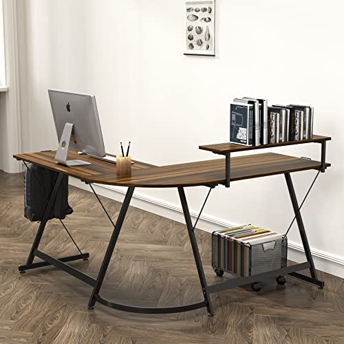 SHW 51 x 51 L-Shaped Corner Desk w/Monitor Stand and Drawer, Walnut | Drawer with adjustable compartments - color: Walnut
