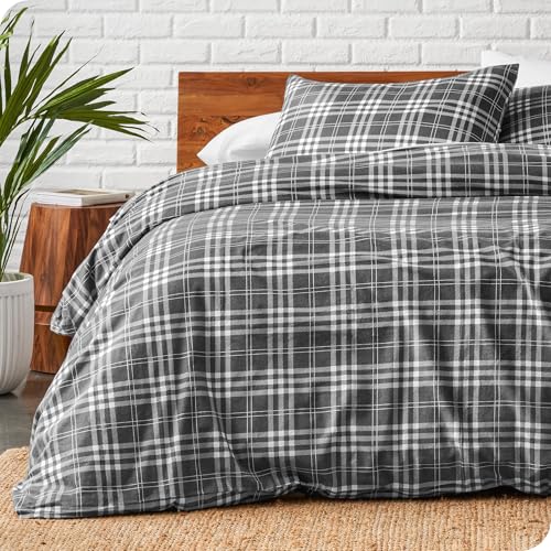 Bare Home Flannel Duvet Cover Set Twin/Twin XL, Stirling Plaid - Grey/White | 100% Cotton, Velvety Soft, Heavyweight, Premium Flannel, Double Brushed, Includes Sham Pillow Cover - color: 15 - Stirling Plaid - Grey/White (No Comforter), size: Twin/Twin XL