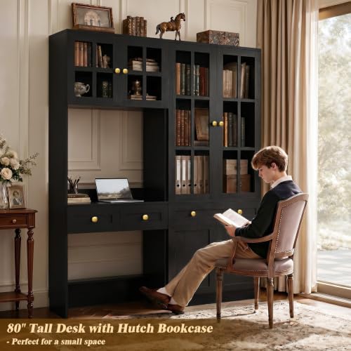 Besiost Farmhouse Desk with Glass Hutch, Small Writing Study Desk with Drawers, Multi-Function Desk for Home Office, Bedroom, Kitchen, Black (27.6" L × 11.8" D × 80" H) - color: Black, size: 27.6"