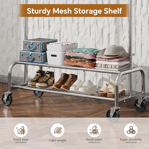 Simple Trending Heavy Duty Clothes Rack, Garment Rack with Extendable Side Rods & Bottom Shelves, 25mm Metal Clothing Rack with Wheels, Bedroom, Laundry Room, Silver - size: 18"D x 60.5"W x 67.25"H