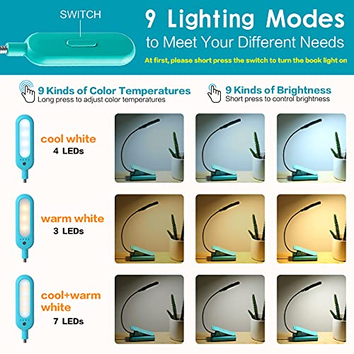 VAVOFO Clip On Book Light for Bed Kids, 7 LED Reading Light with 9-Level Warm Cool White Daylight, Eye Care Lamp with Power Indicator for Bookworms (Blue) - color: Blue