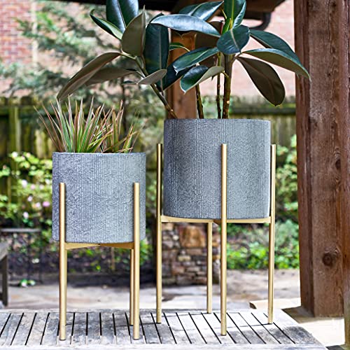 Main + Mesa Modern Boho Embossed Metal Planters with Stands, Charcoal Grey and Gold, Set of 2 Sizes - color: Grey/Gold
