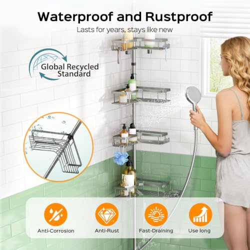 HAMITOR Shower Organizer Tension Pole: 4 Tier L-Shaped Corner Bath Shelf | Rustproof Corner Caddy with Soap Holder & Hooks, No-drill Adjustable Bathroom Rack for Apartment, Small Spaces, 47-123In - color: Silver Gray