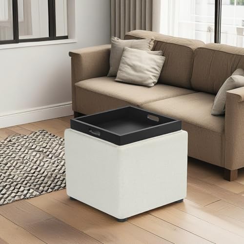 Storage Square Ottoman with Tray, Small Fabric Foot Rest Stool Cube, Coffee Table for Dorm Living Room Bedroom, White - color: White