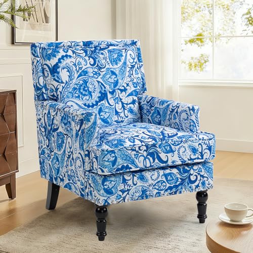 Accent Chair, Modern Comfy Mid-Century Anthropologie Accent Chairs | Linen Upholstered Wingback Lounge Arm Chair with Solid Wood,Single Floral Pattern Chair for Living Room/Balcony/Bedroom - color: Porcelain-sackcloth-001