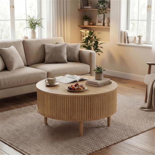 31.5" Round Coffee Table with Lifting Top, Storage for Living Room, Oak | Fluted Center Table, Mid Century Modern Design for Home Office and Small Space with 4 Hidden Compartments - color: Oak