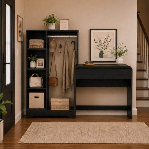 Vanity Desk, Makeup Vanity Desk with Drawers and Hanging Rack | 4 Tier Shelves, Modern Makeup Vanity Table with Curved Profile Design, Makeup Dressing Desk for Bedroom, Black - color: Black, size: 15.7"D x 70"W x 47"H
