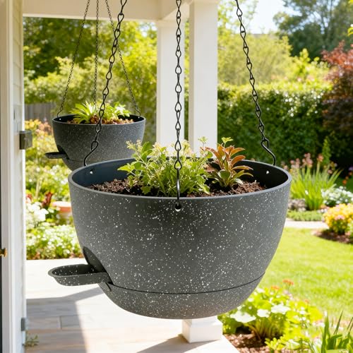 WOUSIWER Self Watering Hanging Planters, 2 Pack 10'' Plastic Pots with Drainage Holes & Reservoir Tray (Speckled Grey) | Indoor & Outdoor Use for Ferns, Ivy, Herbs, Succulents - color: Grey Speckled, size: 2 Pack 10 inches