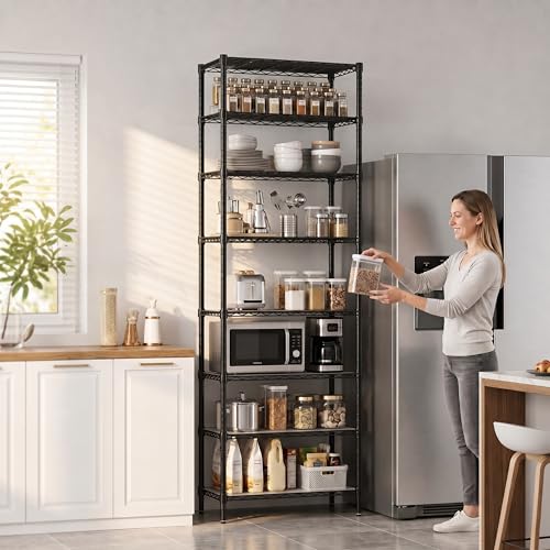 Finnhomy 8-Tier Wire Shelving Unit Adjustable Steel Wire Rack Shelving, 80.7 Inches Height 8 Shelves Metal Storage Rack, Pantry Shelves for Storage with PE mat, NSF Certified, Black - color: Black, size: 80.7 Inches