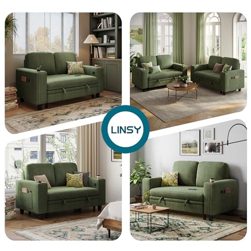 LINSY HOME Loveseat Sofa with Pull Out Couch Chaise: 2-in-1 Convertible 2 Seater Sofa with USB Charging & Cup Holders, Comfy Plush Corduroy Love Seat for Small Spaces Living Room Apartment, Green