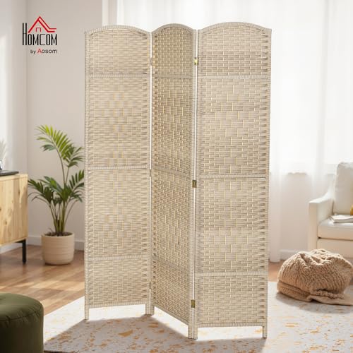 HOMCOM 3 Panel Room Divider 6 Ft Privacy Screen Hand-Woven Washed Oak | Folding PP Wall Partition, Pine Wood Frame, Freestanding Room Separator, Bedroom Home Office, No Assembly - color: Washed Oak, size: 3 Panel