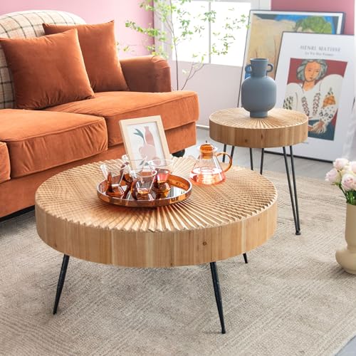 COZAYH 2-Piece Nesting Coffee Table - Round Table - Modern Farmhouse | Solid Pine Veneer Top, Black Metal Legs, Radial Wood Grain, Large 31.5 x 31.5 x 14.2 in, Small 15.7 x 15.7 x 18.4 in - color: Radial Pattern