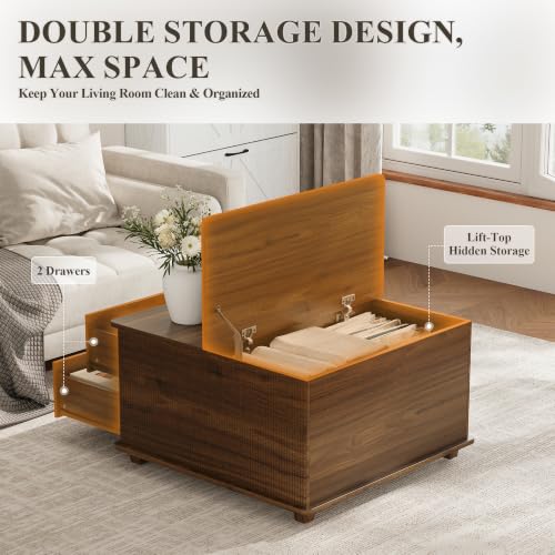 MALOL Square Storage Coffee Table with 2 Drawers, Hidden Storage Beneath Flip-Top Lid, Modern Fluted Wood Coffee Table with Solid Wood Legs for Living Room, Walnut - color: Walnut