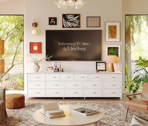 Huuger 77.6" Long Dresser for Bedroom, 16 Drawer Fabric Dresser for Closet, Wide Chest of Drawers with Storage, TV Stand for 65, 75, 85 Inch TV, 77.6" W x 13" D x 26.4" H, White - color: White
