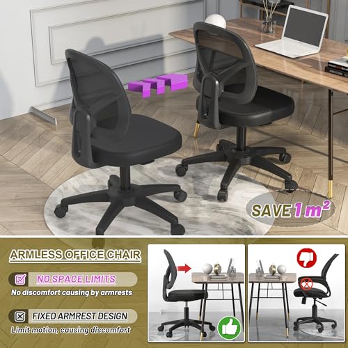 Swivel Armless Office Desk Chair No Arms with Back Support Rolling Wheels for Small Spaces Adult